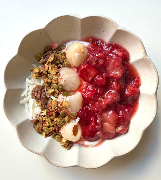 strawberry lychee coconut yogurt bowl ft. strawberry matcha granola